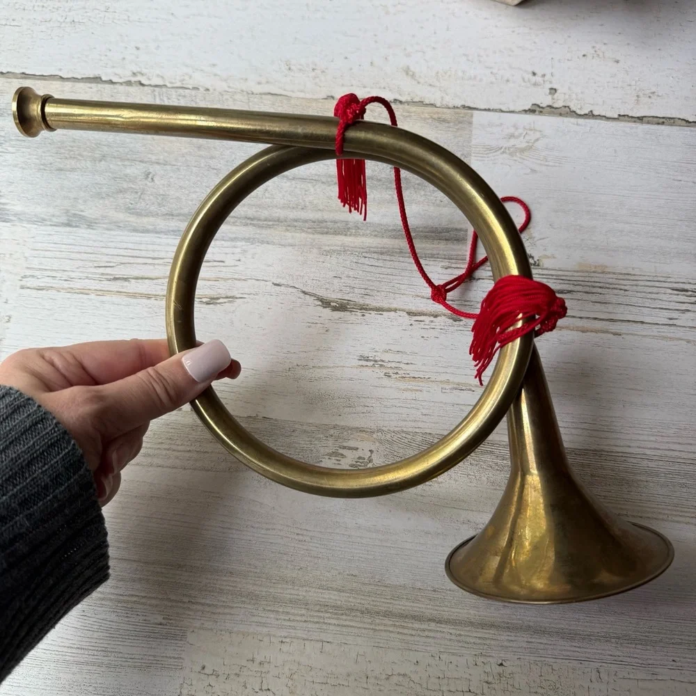 Vintage Brass French Horn Wall Decor Tassel Cording Christmas Holiday Decor